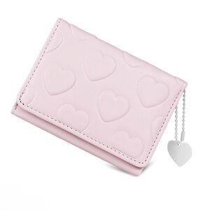 NWT Quilted Heart Light Pink Card Holder Compact Wallet w/ Charm Vegan Leather